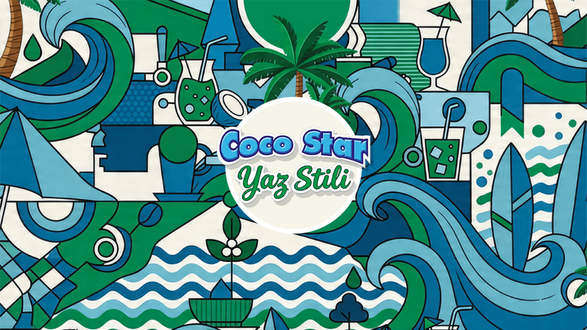 Coco Star Yaz Stili graphic pattern with waves, palm trees, coconuts and summer motifs in blue and green.
