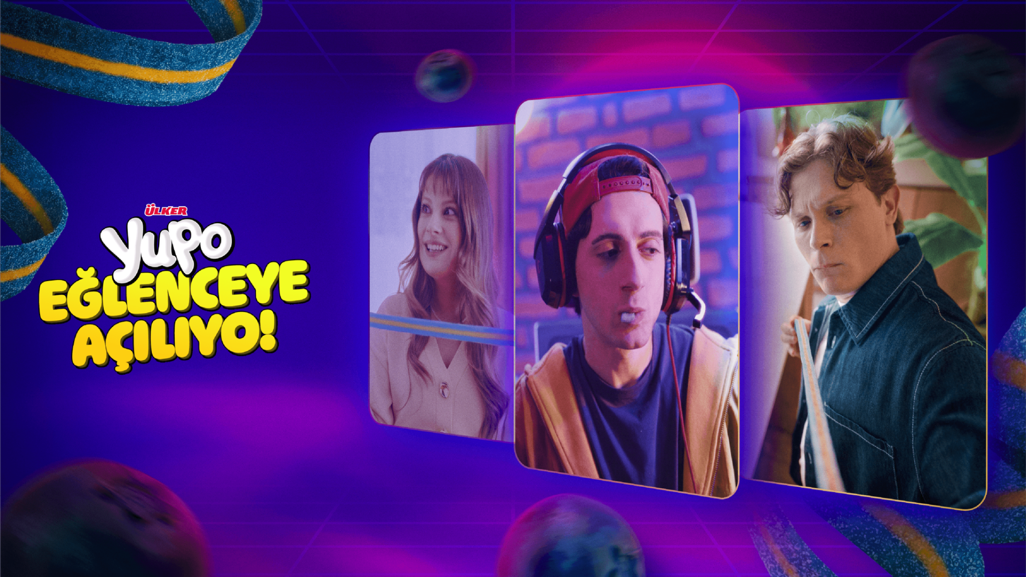 Yupo Metre campaign artwork with three creators, colourful screens and long blue-and-yellow candy ribbons.